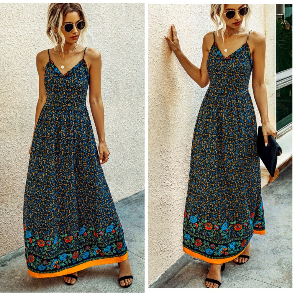 Black Floral Ruffle Boho Maxi Dress